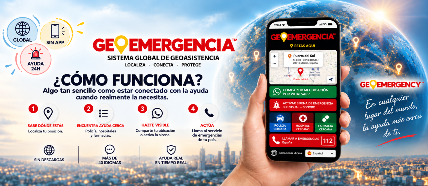 GEOEMERGENCIA™ – Sistema Global de Geoasistencia Infografía de GEOEMERGENCIA™, Sistema Global de Geoasistencia, mostrando cómo localizar ayuda cercana, compartir la ubicación, activar una s